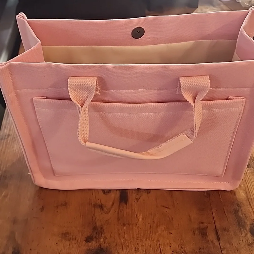 Pink Canvas Tote Bag Versatile Stripes Hobo Shoulder Bag, MultiCompartments